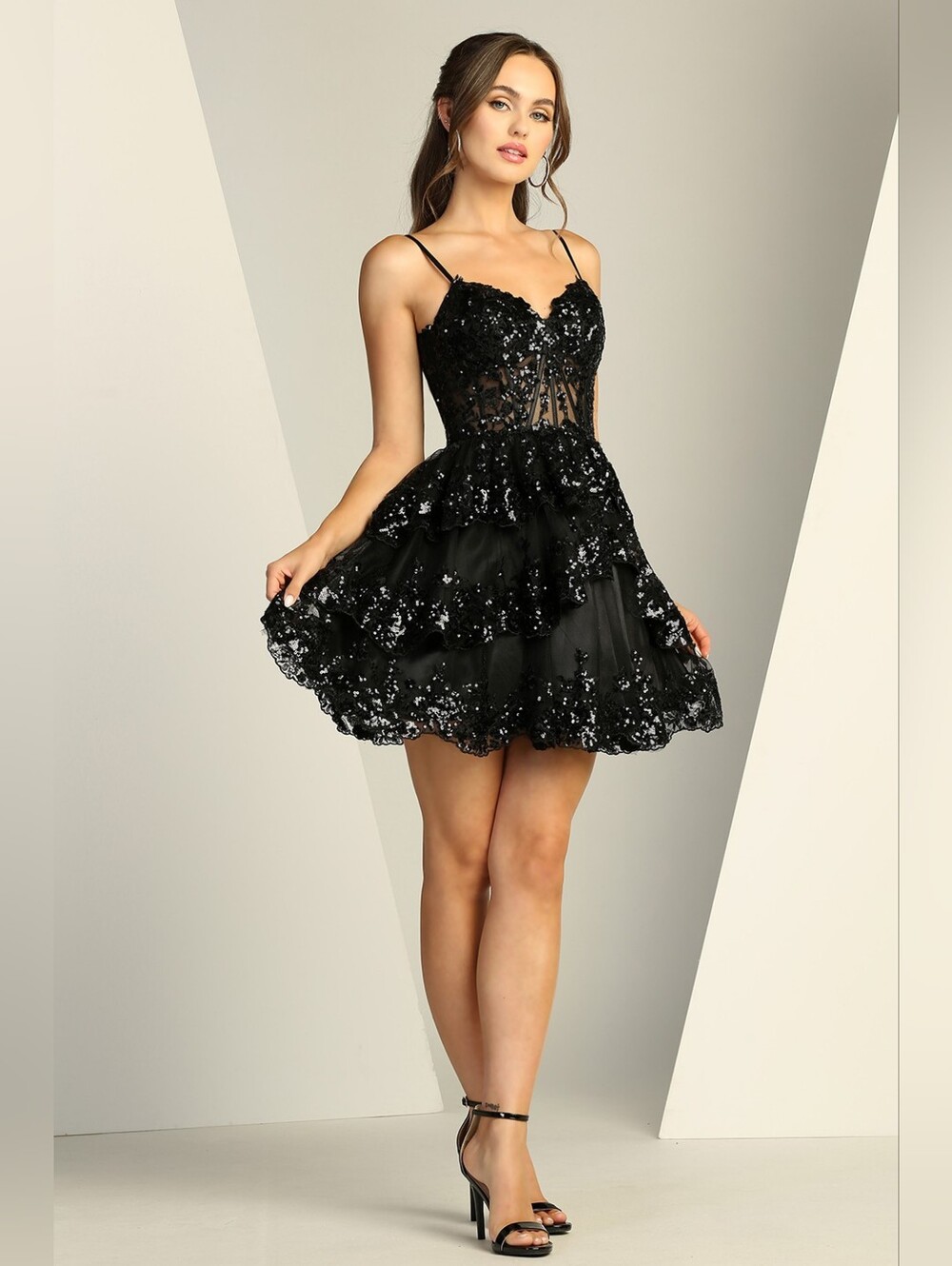 Black Tiered Lace & Sequin Mini Dress Size M